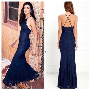 Lulus Maxi Gown Dress XS Navy Blue Lace Zenith Trumpet Hem Cocktail Formal